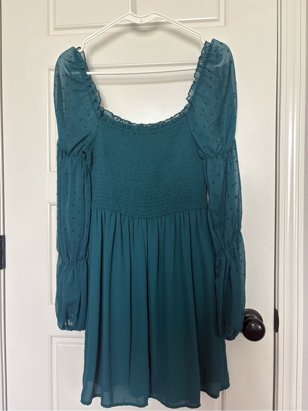 Teal Swiss Dot Long Sleeve Smocked Mini Dress